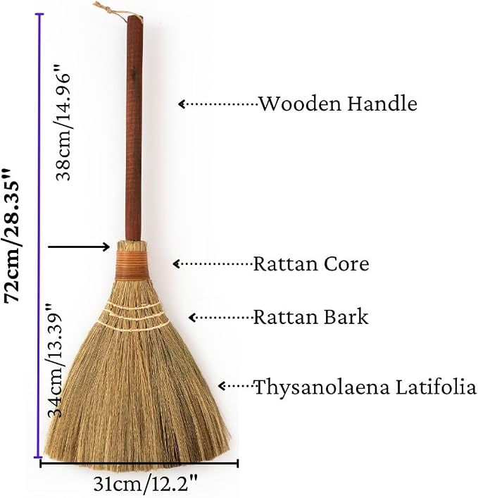 Natural Whisk Sweeping Hand Handle Broom - Vietnam Handmade Straw Soft Broom Design for Home, Kitchen, Grage, Bedroom 12.2" Width, 28.35" Length
