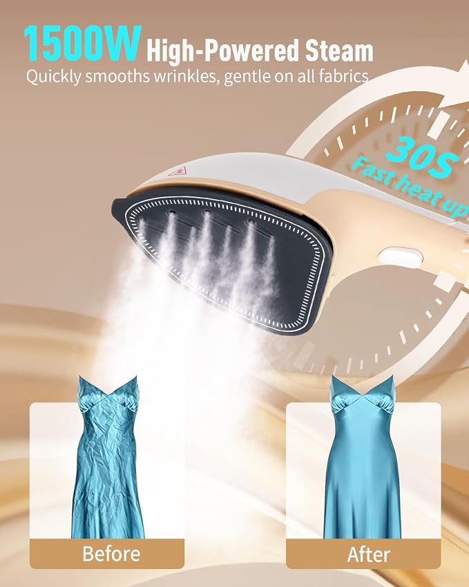 3-in-1 Steamer for Clothes, 1500W Leak-Proof, 330ml | 1500W, 30s Fast Heat-Up. Includes Heat-Resistant Glove & Brush. For Home & Closet Use. 120V.