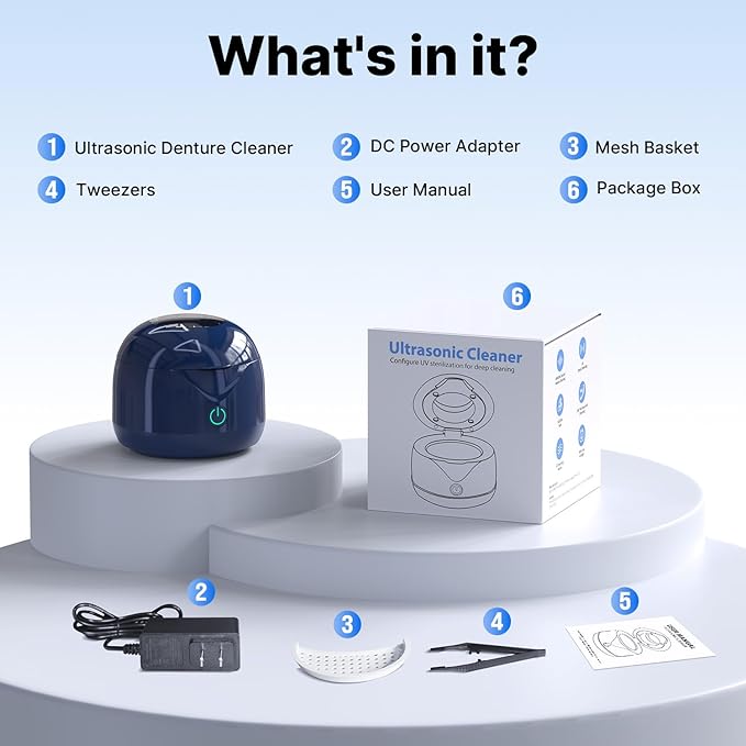 CXRUY Ultrasonic Retainer Cleaner - UV Dental Cleaning Pod Night Guard Cleaner for Dentures, Aligner, Braces, Toothbrush Heads, Jewelry (Navy Blue)