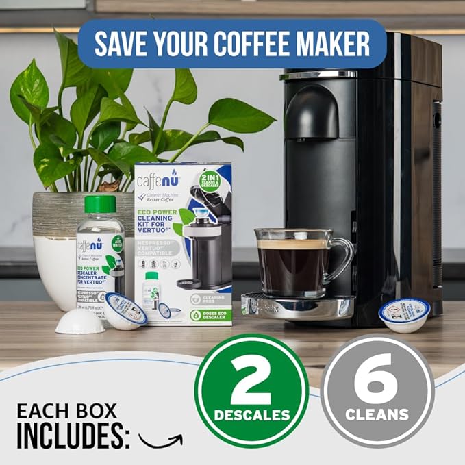 Caffenu Descaling Kit Compatible with Nespresso Vertuo, 2 Uses Descaling Solution and 6 Cleaner Pods. Removes Limescale & Cleans Pod Area. Better Tasting & Hotter Coffee. 4 Months Supply.