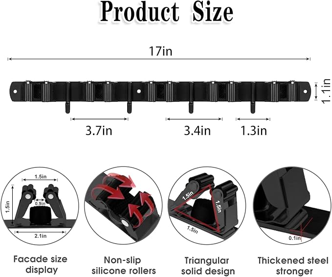 AceMining Plastic and Rubber Broom and Mop Storage Rack, Black, 5 Racks and 4 Hooks, Holds Up to 30 lbs