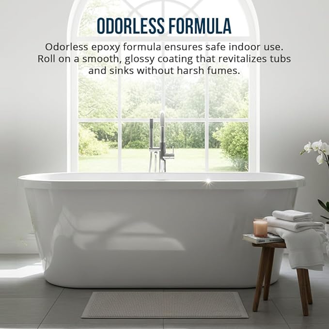 Tub Cast Roll On Bathtub Refinishing Kit by Ekopel – Primer + Top Coat Included – DIY Tub & Tile Reglazing Kit – Bright White Gloss Finish – Longest Lasting PRO/DIY Reglazing Bathtub Paint - Odorless Low VOC Tub Paint Kit – Made in USA (Roll On Non Slip)