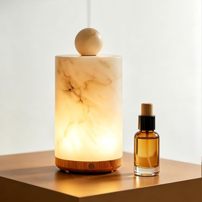 Marble Essential Oil Diffuser Machine Scent Air Humidifier for Home and Bedroom Spas Self Care Wellness Gift Set for Woman Stone Aromatherapy Diffuser (Alabaster, Cylindrical, 100, Milliliters)