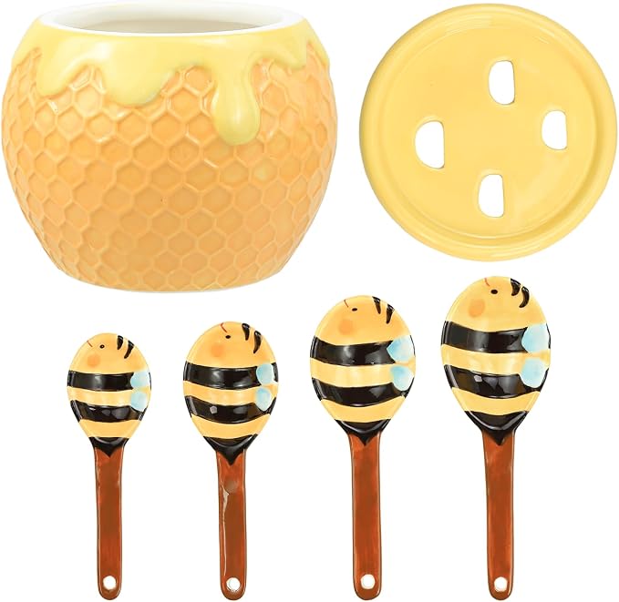 Sizikato 4pcs Porcelain Measuring Spoons with Base, Cute Ceramic Bee Spoons and Honeycomb Cup