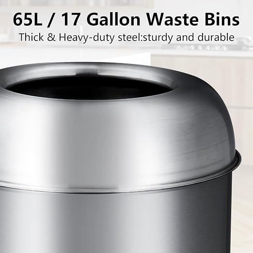 Towallmark 65L/17Gal Heavy Duty Open Top Commercial/Kitchen Trash Can, Fingerprint-Resistant Waste Bin for Office Bedroom Restaurant, Brushed Stainless Steel