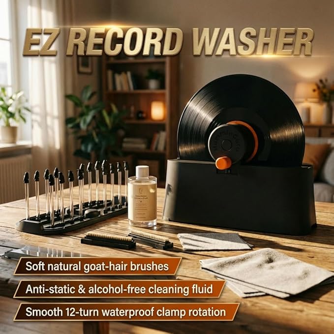 HumminGuru EZ Record Washer, Manual Vinyl Record Cleaner Machine with Easy Spin & Watertight Label Clamp, Record Cleaning Kit with Gentle Goat-Hair Brushes, Alcohol-Free LP Fluid, Drying Rack & Cloth
