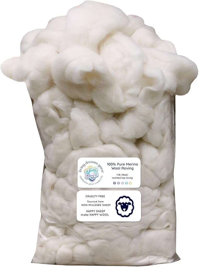 Natural Merino Wool Roving. Ethically & Responsibly Sourced Fiber for Spinning, Blending, Filling and Stuffing - 1 LB Bag, Natural White Combed Top