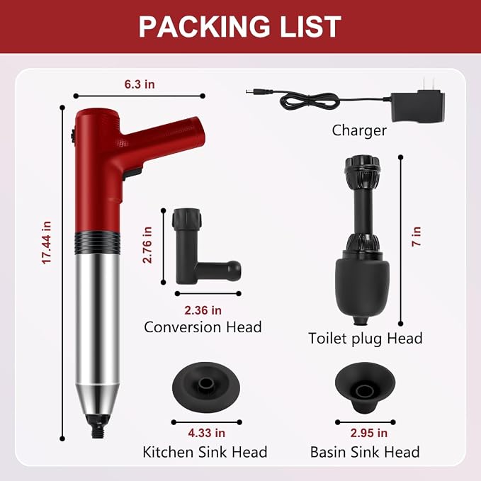 Electric Toilet Plunger High Pressure Electric Air Drain Blaster Gun with Visual Barometer，Air Power Plunger for Bathroom,Kitchen Bathtub Toilet Floor Drain Clogged Pipe