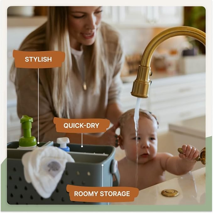 Parker Baby Bath Caddy | BPA Free & Food Grade Shower Caddy Organizer for Toys & Supplies | Quick-Dry, Sturdy & Perfect Size Shower Basket w/Handle in Neutral Colors