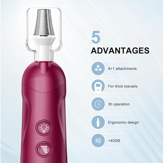COSLUS C43 Professional Manicure Pedicure Kit, 5-in-1 Electric Nail File for Toenail Hand Feet, Basic & Thick Nails Care, Cordless, 5 Speeds, for Men Women Seniors Home Salon, Standard Grinder, Red