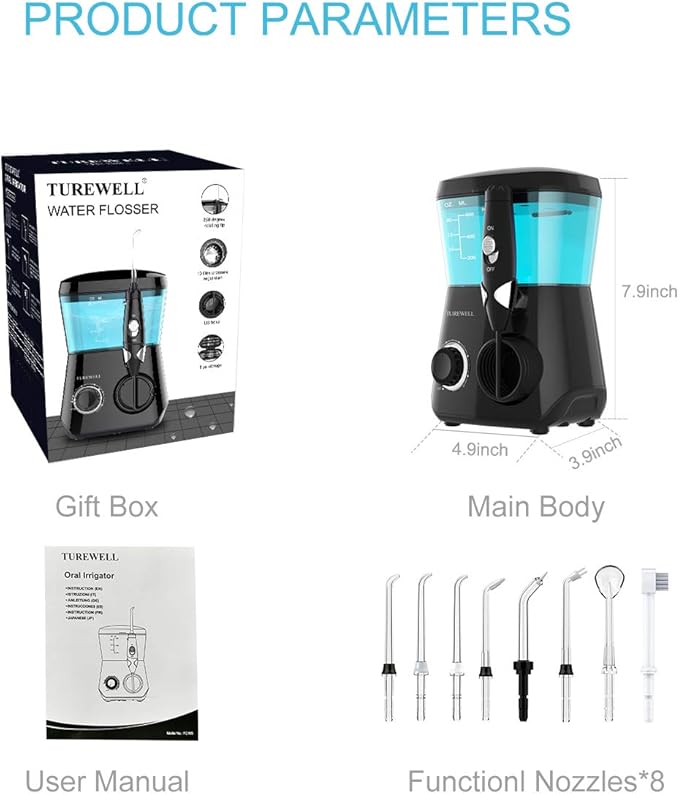 TUREWELL Water Flossing Oral Irrigator, 600ML Dental Teeth Cleaner 10 Adjustable Pressure, Electric Oral Flosser for Braces, 8 Replacement Jet Tips for Family (Black)