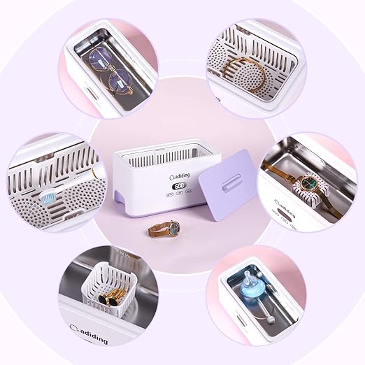 Adiding Jewelry Cleaning Machine, 1000mL (33.8oz) Sonic Retainer Ring Cleaner with 5 Time Mode and Degassing Function Ultrasonic for Glasses, Earrings, Necklaces, Denture, Coins, Pacifier (Purple)