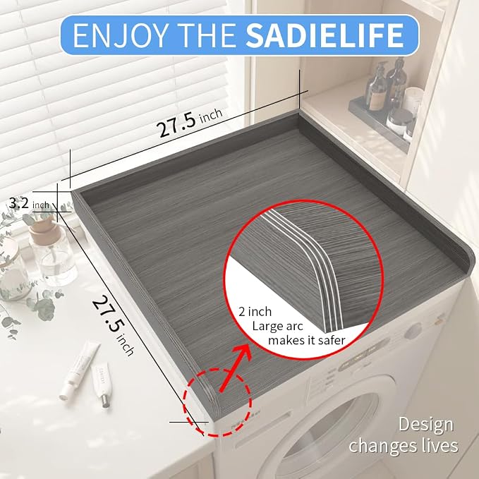 Washer Dryer Countertop Only, 27.5" x 27.5" Laundry Room Countertop for Folding, Washer and Dryer Countertop Single with Non-Slip Pads, Easy Install Washer and Dryer Topper with Edge Rails Gray