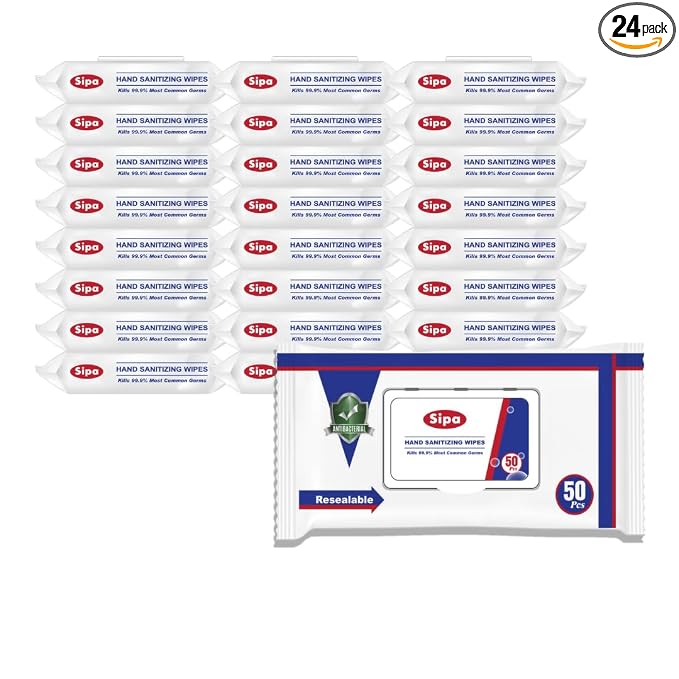 SIPA Hand Sanitizing Wipes 50 WIPES Bag, Clean-to-go, Travel Size, Fresh Scent, Soft Textured Wipes, Total 1200 Pieces (50 Count (Pack of 24))