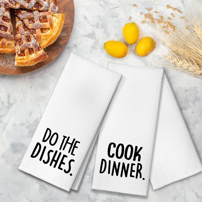Cook Dinner Funny Kitchen Towels 2 Pack, Cute New House Gift for Hostess, Mother's Day Birthday Housewarming Gift for Mom, Auntie, Friends