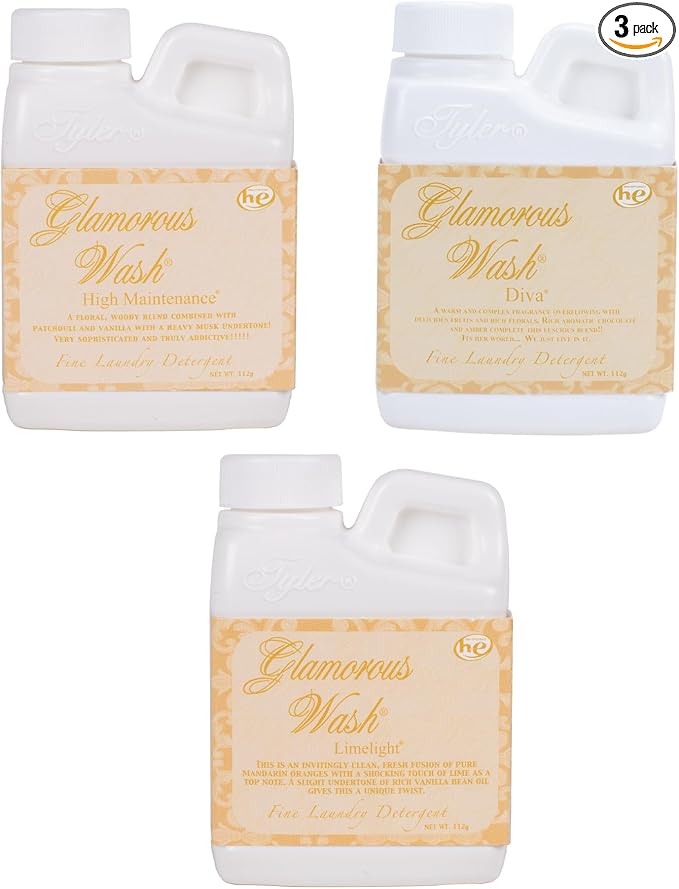 Elanze Designs Tyler Candle Glamorous Wash and Luxurious High Efficient 4 ounce Fine Liquid Laundry Detergent, 3 Scent Assortment, High Maintenance, Diva, Limelight