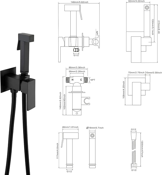 Handheld Bidet Sprayer Head Hot and Cold Mixing Kit Set Black Brass | Warm Water Value Mixer, Modern Square Design, Concealed Bidet Hand Held Sprayer Shattaf Bathroom Attachment For Toilet