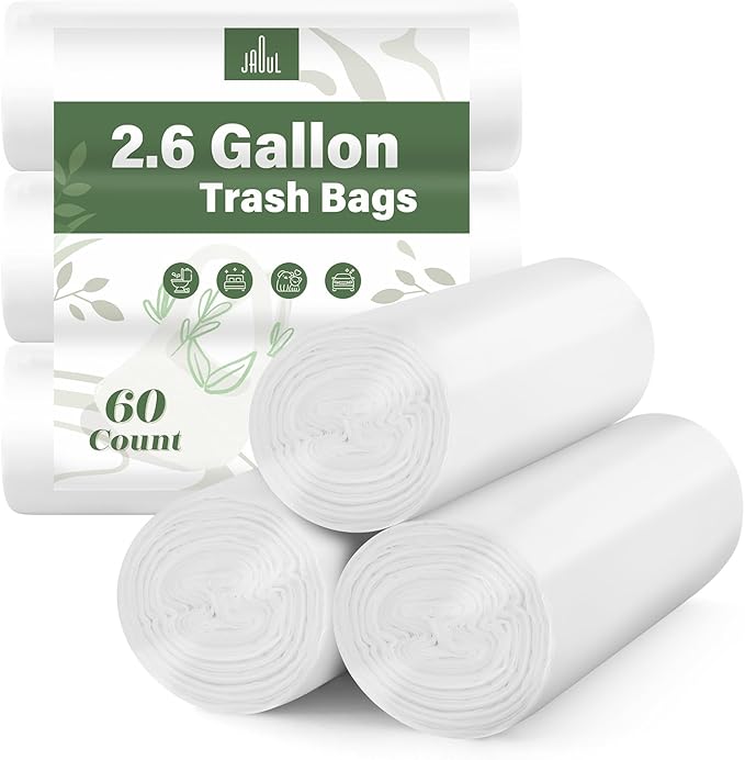 Jaoul Small Garbage Bags 2.6 Gallon, Unscented Small Bathroom Trash Bags, Tear & Leak Resistant Trash Can Liners, Mini Trash Bags, White, 60 Counts