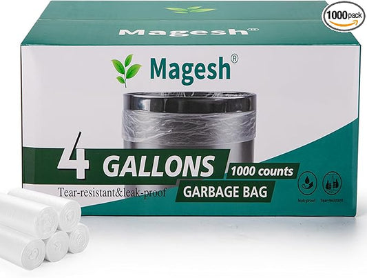 Magesh 4-6 Gallon Trash Bag Strong, Leakage-Free, Small Garbage Bags Unscented Thick for Bathroom, Office, Kitchen Small Trash Can, 15L, 1000 Bags, Clear