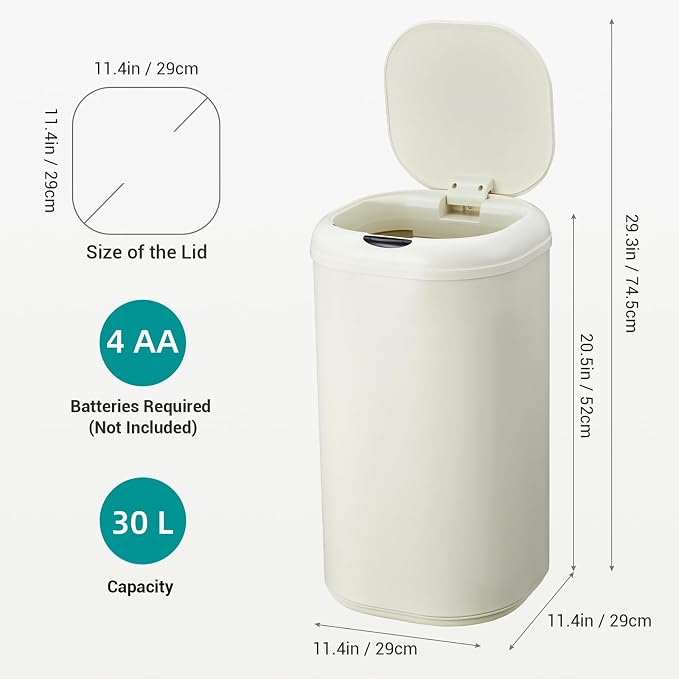 Takywep Stainless Steel 8 Gallon Automatic Trash Can with Lid, 30 Liter Touchless Motion Sensor Kitchen Garbage Can, Smart Cylindrical Trash Can for Home Bathroom Living Room Office, Cream White