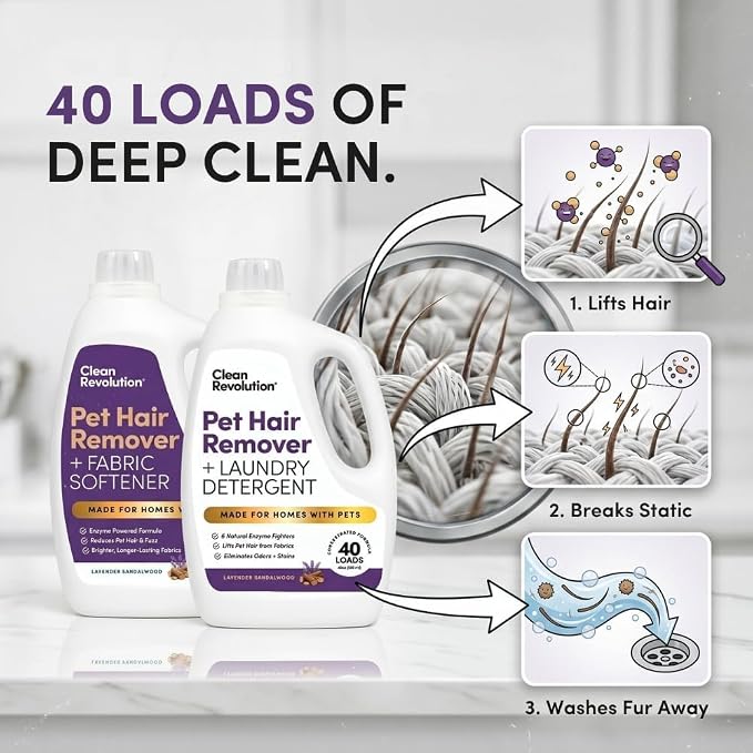 Clean Revolution Pet Hair Remover for Laundry 2-Pack – Removes Dog & Cat Hair Over Time – Enzyme Laundry Detergent & Fabric Softener, Odor Eliminator, Lavender Sandalwood, 40 oz Each