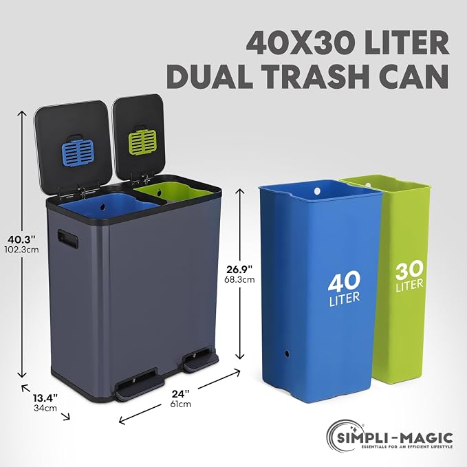 Simpli-Magic 70 Liter / 18.5 Gallon Rectangular Hands-Free Dual Compartment Recycling Kitchen Step Trash Can with Soft-Close Single Lid, Stainless Steel (40L x 30L Capacity), Blue