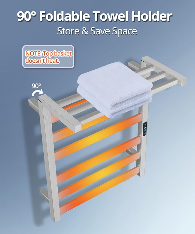 WiFi Heated Towel Rack Wall Mounted, Electric Towel Warmer with Foldable Bracket, Stainless Steel, LED Built-in Timer, Plug-in, Temperature & Timing Control, 6 Bars, Brushed Nickel