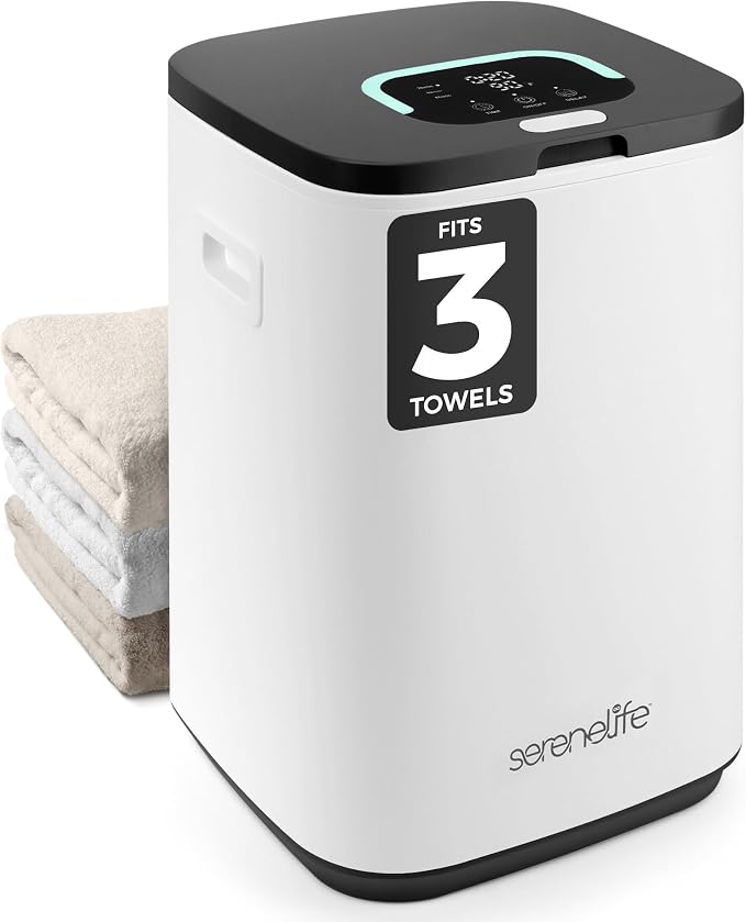 SereneLife Towel Warmer Bucket - Compact 23L Bathroom Towel Heater with Essential Oils Disc Holder, Adjustable Timer, Auto Shut-Off, Power Cord Storage & LED Display, Fits 2 Oversized Towels (Black)