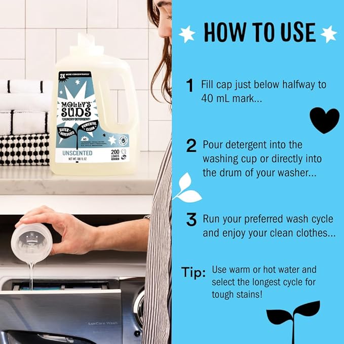 Molly's Suds Household Essentials Bundle | Comes with Citrus Dishwasher Pods, Peppermint Liquid Laundry Detergent, and 2-Pack Peppermint All Purpose Cleaner