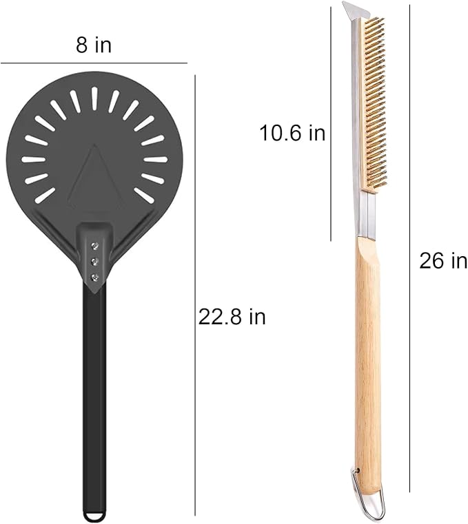 Pizza Oven Accessories Kit w/Pizza Oven Brush & Stone Scraper, 8 inch Pizza Turning Peel - Tools & Supplies Set - Compatible with Outdoor Ooni, Gozney, Ninja, Solo Ovens
