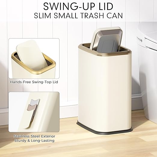 Bathroom Trash Can with Lid 8L/2.1 Gallon Beige Trash Can Small Garbage Can with Swing Top Lid Slim Stainless Steel Garbage Can with 100 Counts Trash Bags for Bathroom Bedroom Kitchen Office Toilet