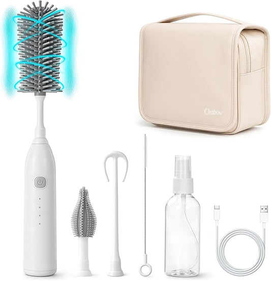 IvyWind Electric Bottle Brush Cleaner with Storage Bag, Electric Baby Bottle Brush Set with Silicone Bottle/Nipple/Straw Brush Soap Dispenser and Bottle Drying Rack for Home and Travel, White