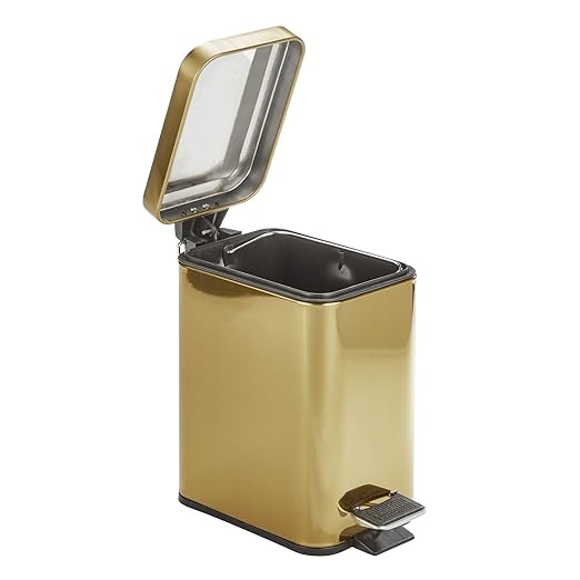 mDesign Slim Metal Rectangle 0.8 Gallon Trash Can with Step Pedal, Easy-Close Lid, Removable Liner - Narrow Wastebasket Garbage Container Bin for Bathroom, Bedroom, Kitchen, Office - Soft Brass