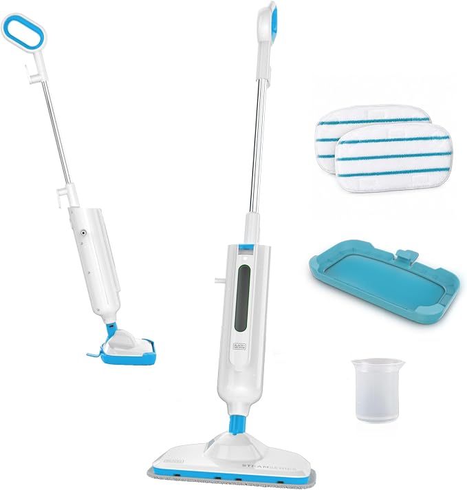 BLACK+DECKER 1300W Steam Mop for Hardwood, Tile & Laminate Floors, Multi-Surface Floor Steamer with Carpet Glider, 2 Washable Microfiber Pads, Fast Heat Up & 22 Ft Cord, White