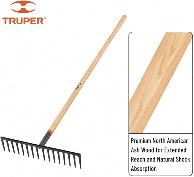 Truper 16-Tine Heavy-Duty Road Rake (Model 31390 / R-16MX) | 66-Inch Premium Ash Wood Long Handle, Professional Level Head Asphalt, Gravel, and Landscape Grading Tool