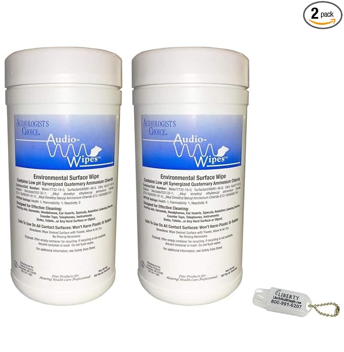 2 Pack Bonus Bundle! Audio-Wipes Hearing Aid Wipes - Large Canister (160 Wipes Per Canister) and Liberty Hearing Aid Battery Keychain