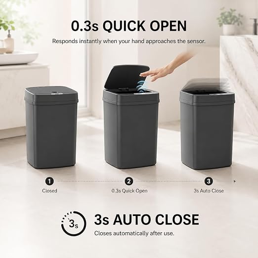 DZT-12-5S Smart Motion Sensor Trash Can 10.3 * 7.8 * 14.1inch | 0.3s Fast Opening, Auto Close & Touch-Free Operation for Home and Office (Black)