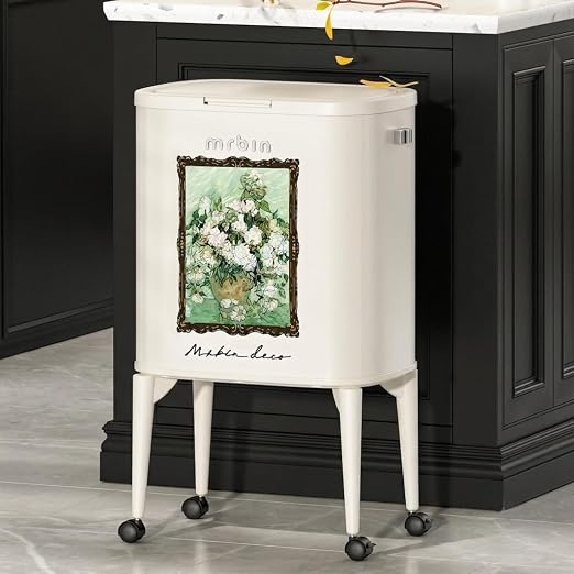 MRBIN Metal Kitchen Trash Can with Wheel Legs, 36L / 9.5gal Medium Press Lid Slim Removable Waste Basket, Pet Proof Tall Narrow Garbage Pail for Vanity, Bedroom, Bathroom, Living Room, White Rose