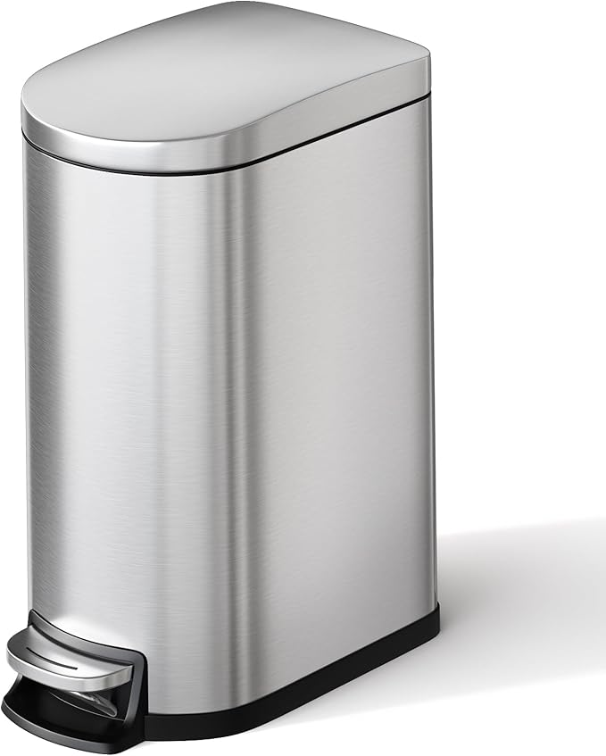 Bathroom Trash Can with Lid,2.6 Gallon / 10L Small Garbage Can, Slim Step-on Metal Trash Bin with Inner Bucket, Rear Handle, Soft Close Lid,Stainless Steel Wastebasket for Bathroom, Bedroom, Office