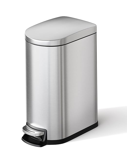 Garvee 1.6 gal / 6 L Stainless Steel Bathroom Trash Can with Lid, Slim Waterproof Garbage Can for Bedroom, Small Step-on Metal Trash Bin with Inner Bucket, Rear Handle, Soft Close Lid, Silver
