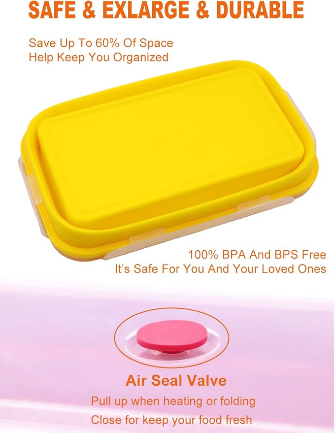 Set of 2 Extra Large Collapsible Silicone Food Storage Containers With Lids,82.8oz + 60.2oz Meal Prep Box, Bento Lunch Boxes, Rv Collapsible Bowls For Camping, Kitchen, BPA Free(Red and Yellow)