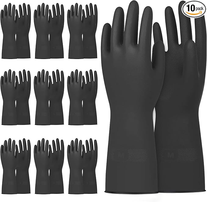 Beieverluck 10 Pairs Chemical Resistant Gloves, Reusable Heavy Duty Rubber Work Gloves with Textured Palm, Black Cleaning Dishwashing Gloves, Medium