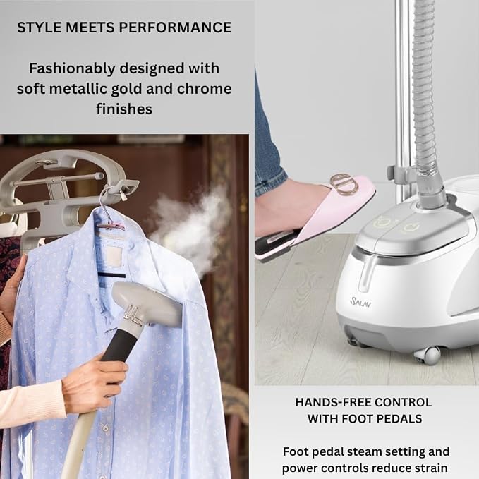 SALAV GS45-DJ Professional Upright Garment Steamer with Roll Wheels, Multi-Function Extra Wide Hanger, Fabric Brush & Mini Ironing Paddle, 1500 watts, Silver
