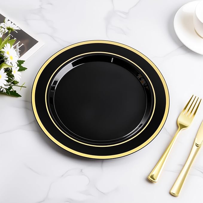 BESTVIP 100PCS Black Plastic Plates, 10.25 Inch Disposable Dinner Plate Party with Gold Rim for Christmas, Thanksgiving, Heavy Duty Disposable Plastic Plates for Party, Wedding and Birthday, Events