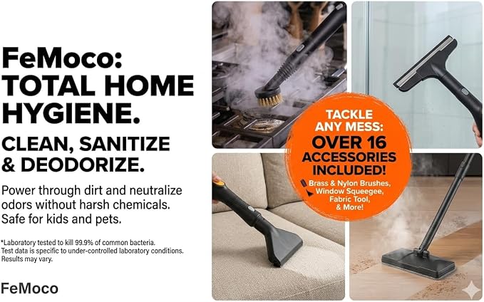 2-in-1 Steam Cleaner & Steam Mop for Home | 1.6L Tank for 60 Mins Runtime | 15s Fast Heat Up Portable Steamer with Wheels & 3-Level Handle | for Car, Tile Grout, Floor, Upholstery, 16-Piece Kit