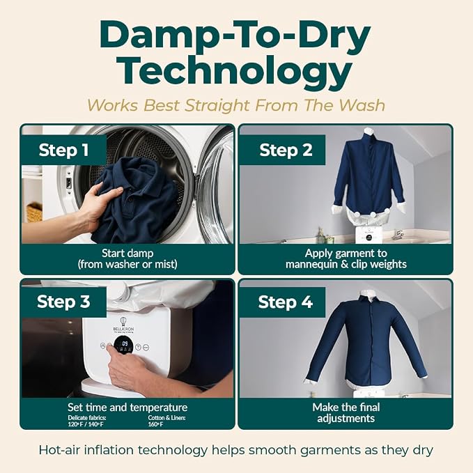 Bellairon - The Original Automatic Ironing Machine for Clothes. Hot Air Garment Dryer & Hands-Free Wrinkle Remover for Shirts & Pants | No Iron, No Ironing Board | Sizes S–3XL