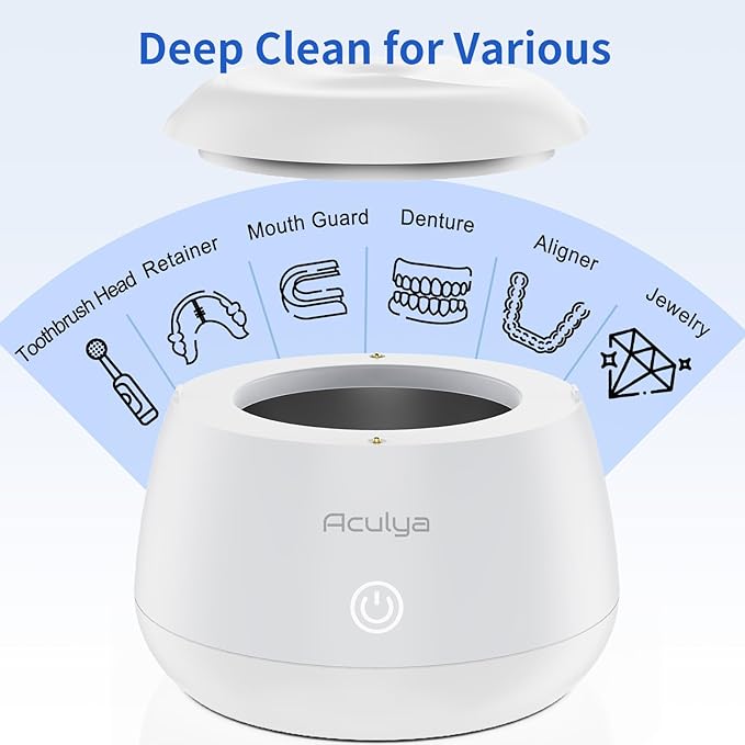 Ultrasonic Retainer Cleaner Machine 48 kHz Denture Cleaner 200ml Dental Cleaner Pod for Aligner Retainer, Jewelry, Night Guard, Brace, White