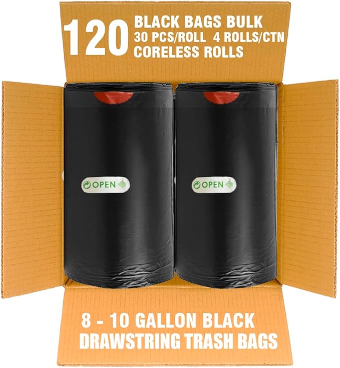BEIDOU-PAC 8-10 Gallon Trash Bags Drawstring, 120 Count Bulk, Black & Unscented Multi-purpose Garbage Bags for Business Home Bathroom Kitchen Commercial and Industrial