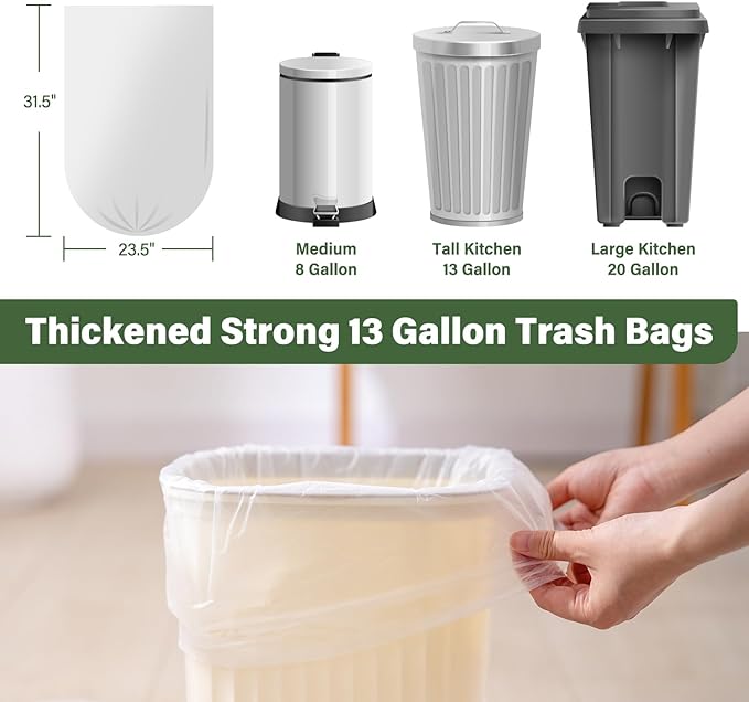 Jaoul Garbage Bags 13 Gallon Tall Kitchen, Extra Strong Kitchen Trash Bags, 0.97 Mil Thicken Garbage Bags, Large Lawn Trash Can Liners Unscented (White, 100 Counts)