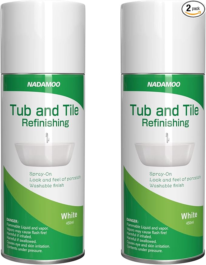 NADAMOO White Bathtub and Tile Refinishing Spray Paint Kit, 450ml (2 Pack), Semi-Gloss DIY Coating for Porcelain, Fiberglass, and Sinks